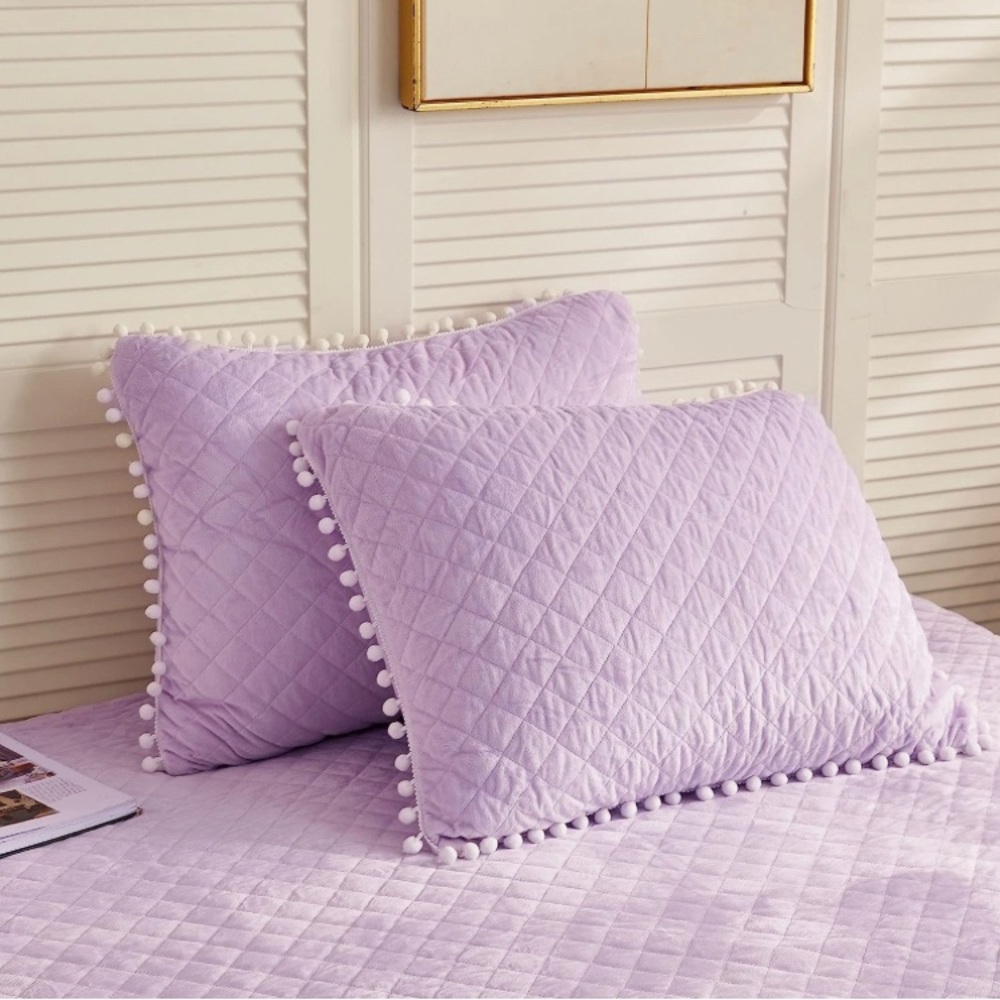 One Diamond Quilted Velvet Bed Pillowcase Sham Pom Poms Fringe in Lavend…
